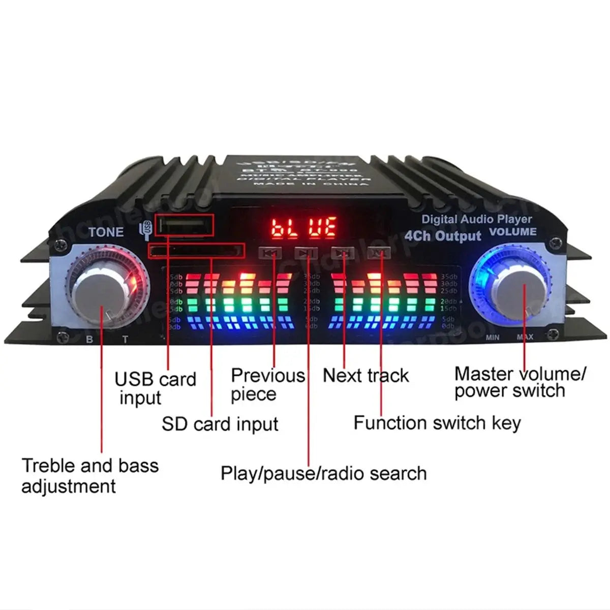 1600W Peak Power HiFi 4 Channel Digital Amplifier Bluetooth Karaoke Player FM Radio Remote Control