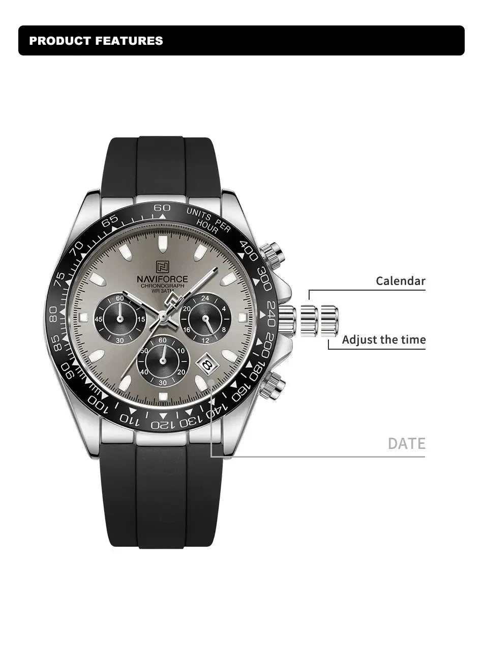 NAVIFORCE men's chronograph watch with silicone strap and black bezel