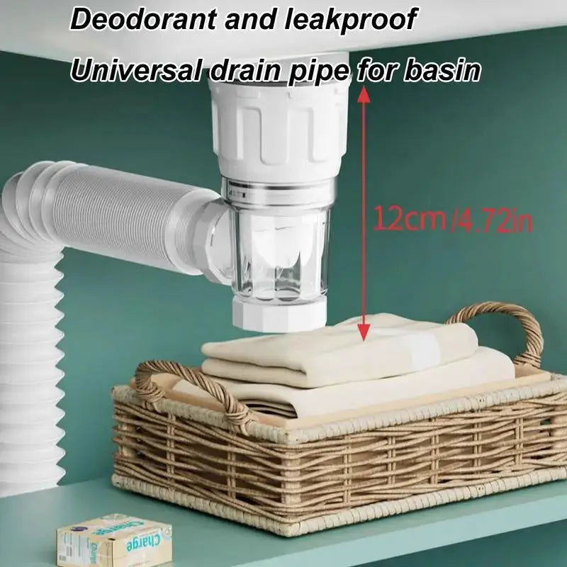 Retractable anti-odor drain pipe with flip-top filter for kitchen sink; white plastic fixture.