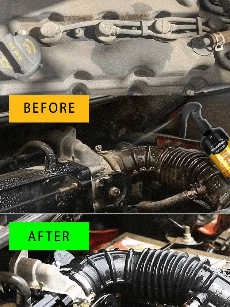 Engine bay cleaner spray by Simples Market; HydroShine bottle shown amid before/after engine bay decontamination.