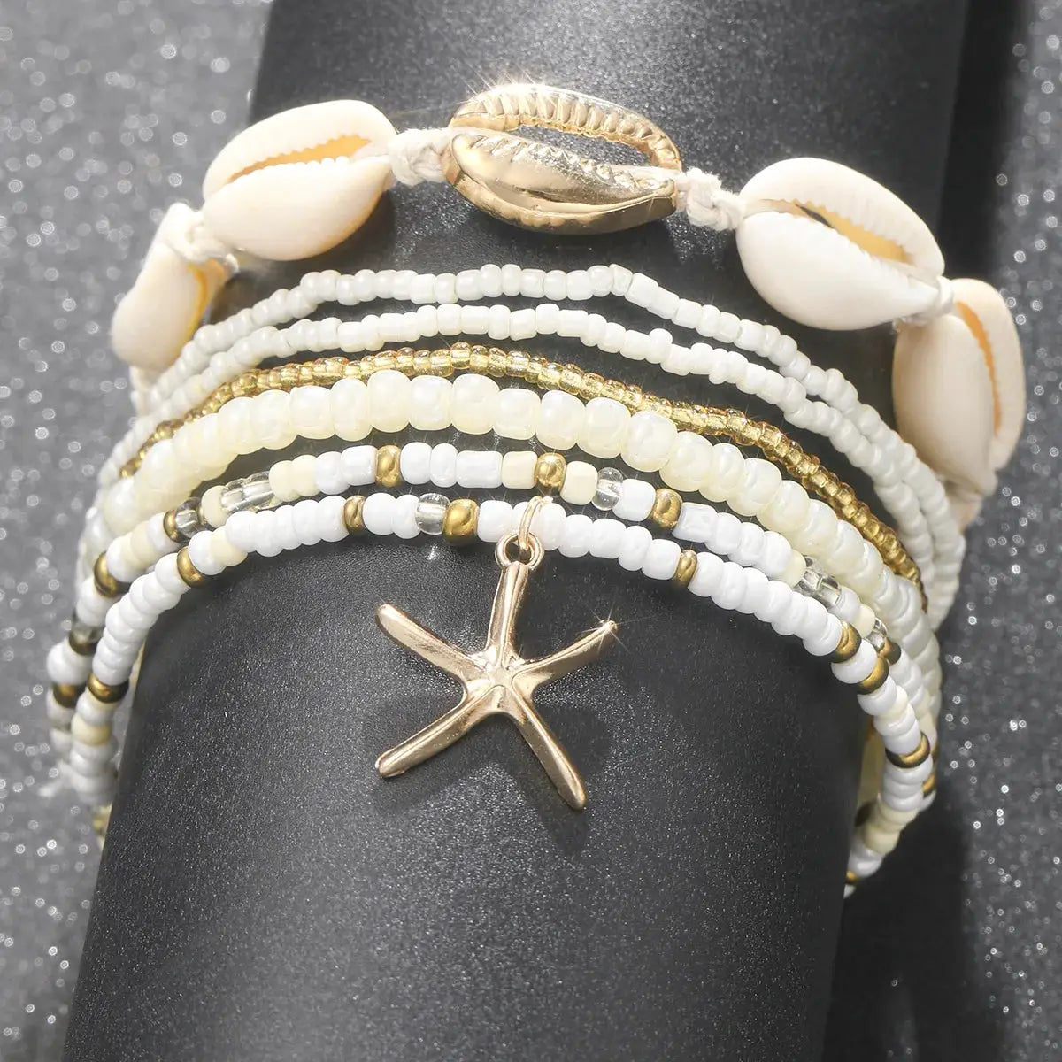 Bohemian Rice Beads Starfish Pendant Anklet Set Multilayer Beach Jewelry For Women 7 Piece Foot Anklets Summer Sea Shell