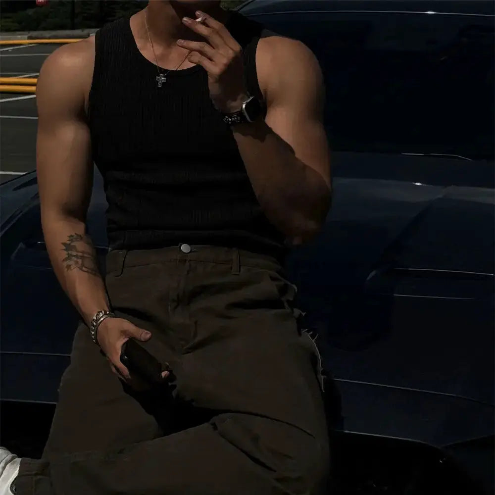 Mens Ribbed Sleeveless Tank Top Activewear Fitness Sports Bodybuilding Vest Breathable Quick-drying Elastic Undershirt Gym Top