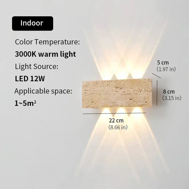 Natural stone wall lamp with warm 3000K LED, 12W, indoor wall light, 22 cm wide