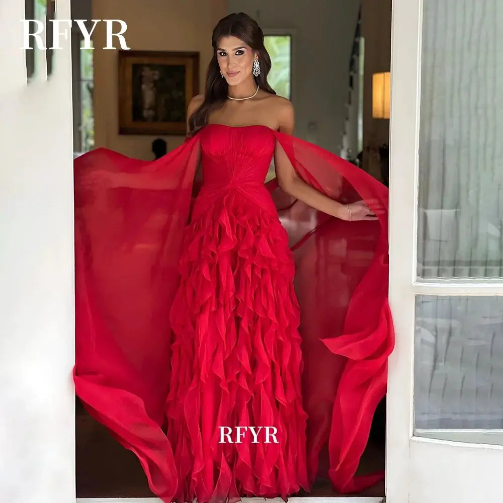 Ruffles Prom Dress Chiffon A Line Evening Gown With Detachable Shawl