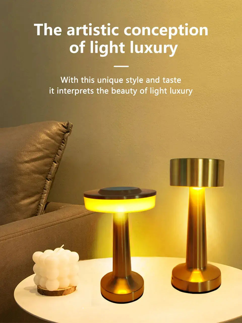 LED table light set of two in gold metal with touch-activated, rechargeable desk lamps for bar and coffee tables