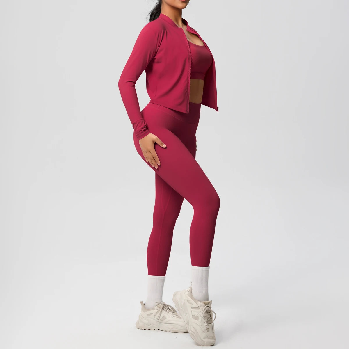 3 Piece Yoga Set for Women Sports Bra Zipper Jacket Leggings Gym Wear
