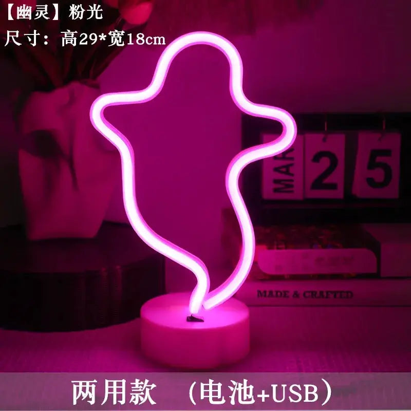 Neon sign ghost silhouette USB LED night light in pink glow, 29×18 cm, by Simples Market for home or kid room decor