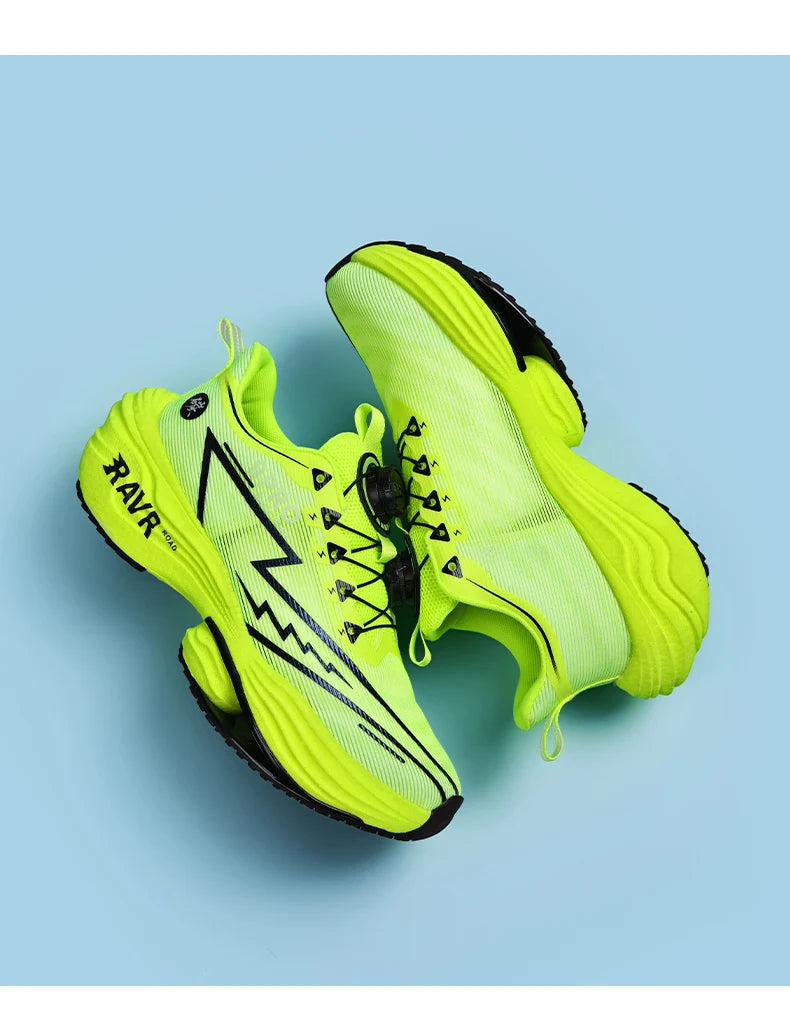 Men's neon-yellow running shoes with cushioning and black outsole, pair