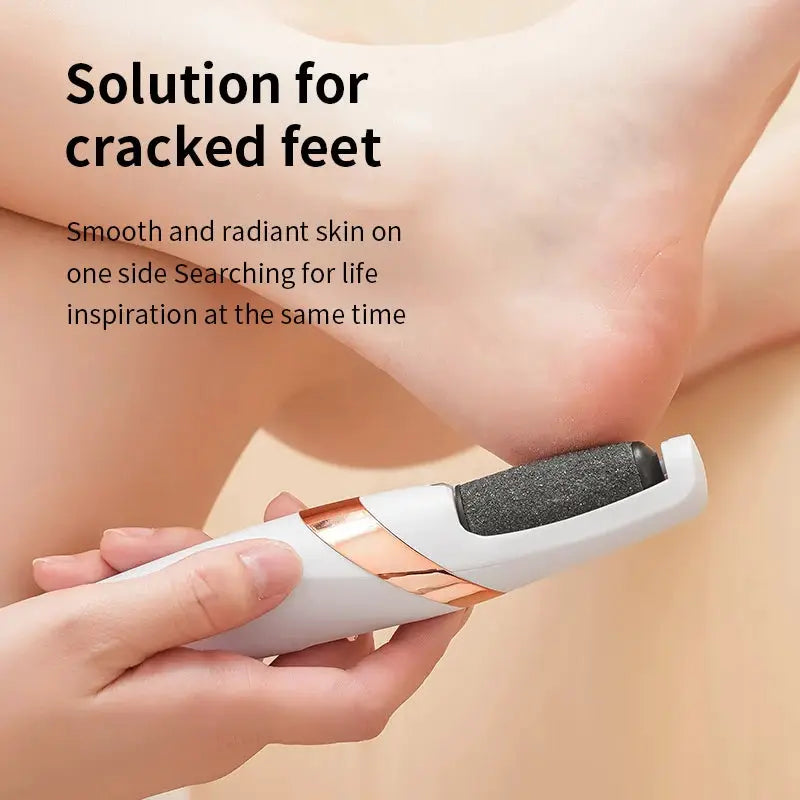 HOMEFISH Electric Foot Grinder by Simples Market; white device with rose-gold accents and black grinding roller.