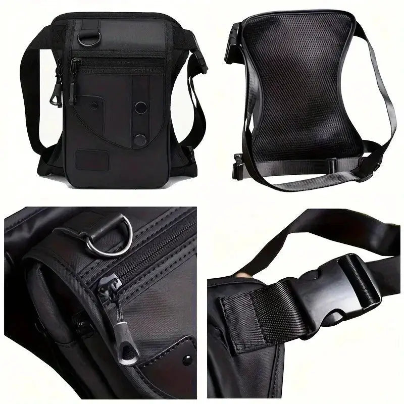 Leg bag by Simples Market, black with multiple zipper pockets, D-ring, back mesh panel, and adjustable strap