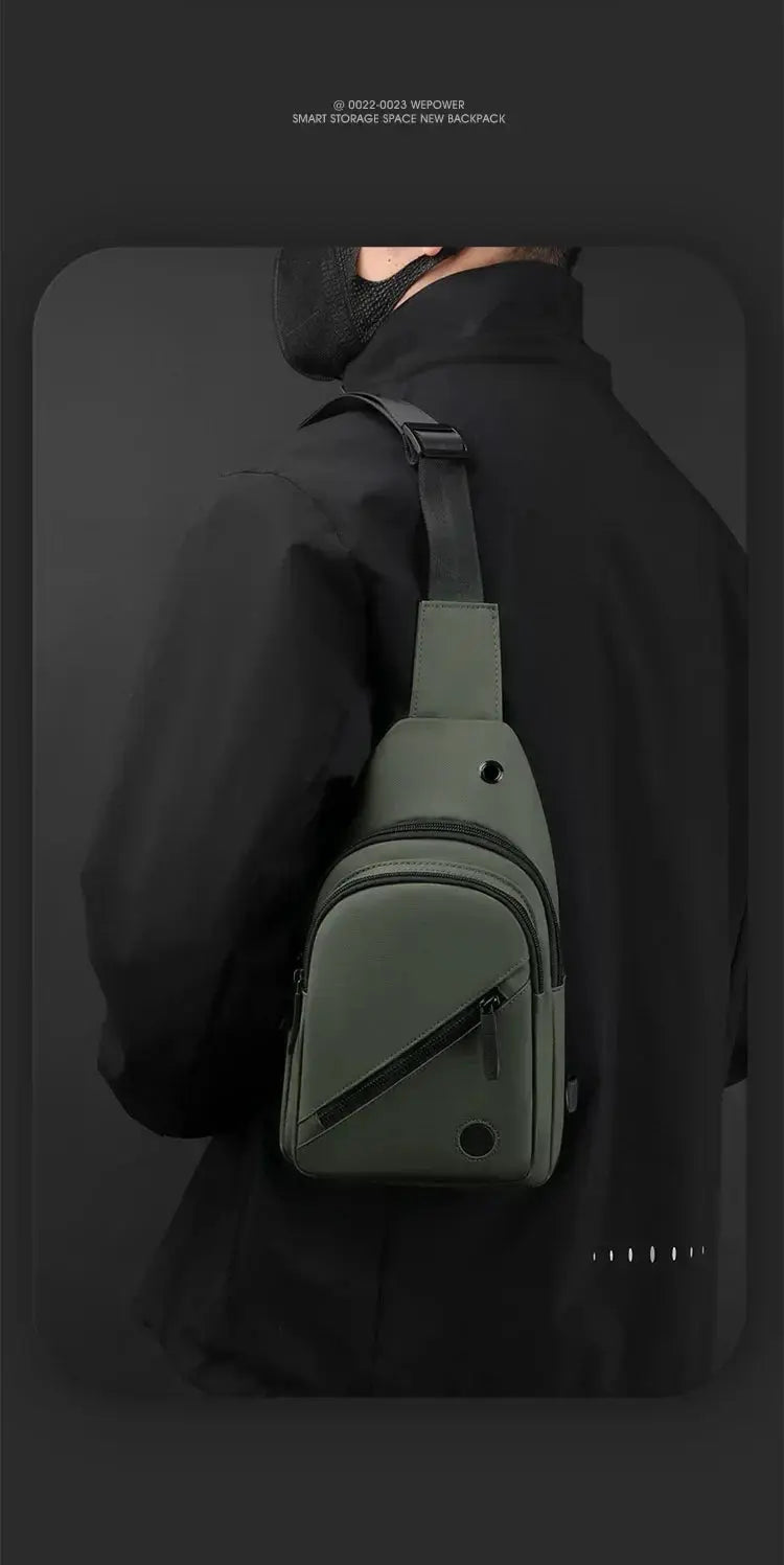 Simples Market lightweight men's chest bag in olive nylon with a diagonal front zip pocket worn crossbody