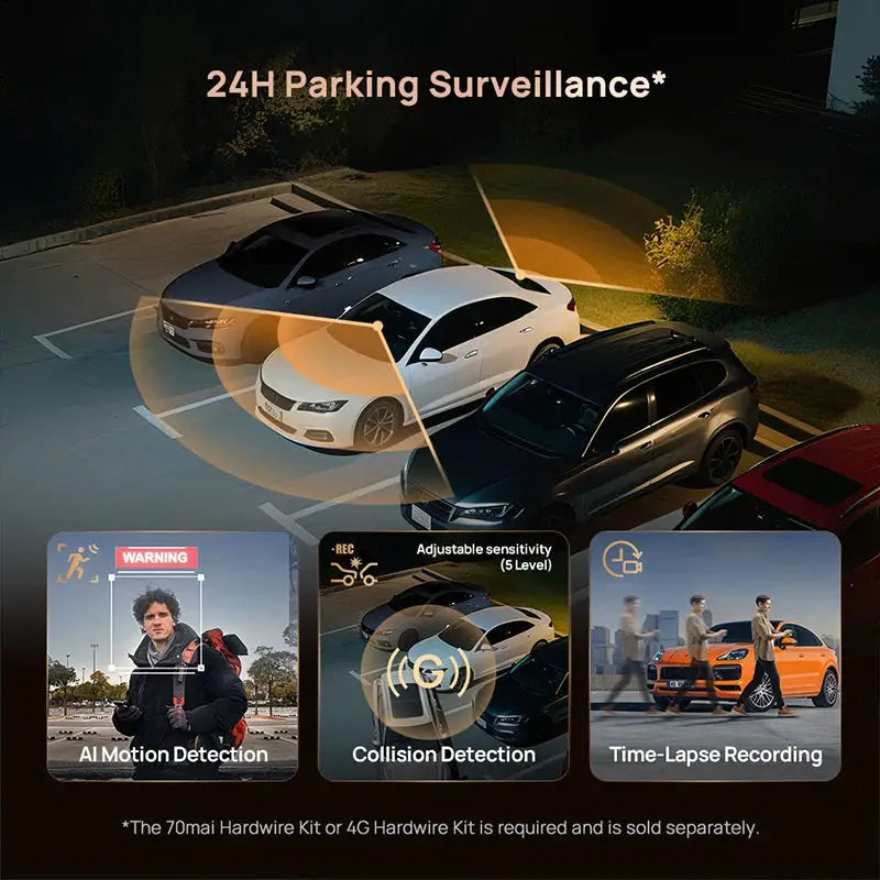 70mai Dash Cam 4K A810S; 24H parking surveillance with AI motion detection, collision detection, time-lapse recording