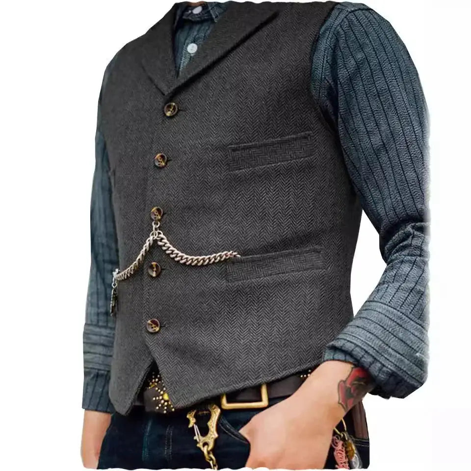 Grey wool tweed men's waistcoat with front buttons and pocket watch chain