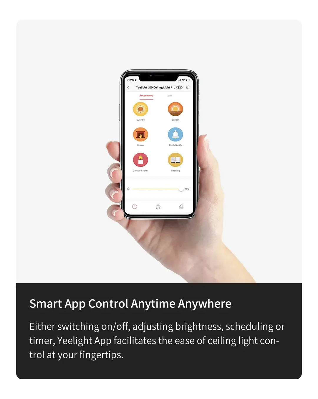 Yeelight Smart LED Ceiling Light PRO controlled via app on iPhone; 2700–6500K dimmable, WiFi-enabled.