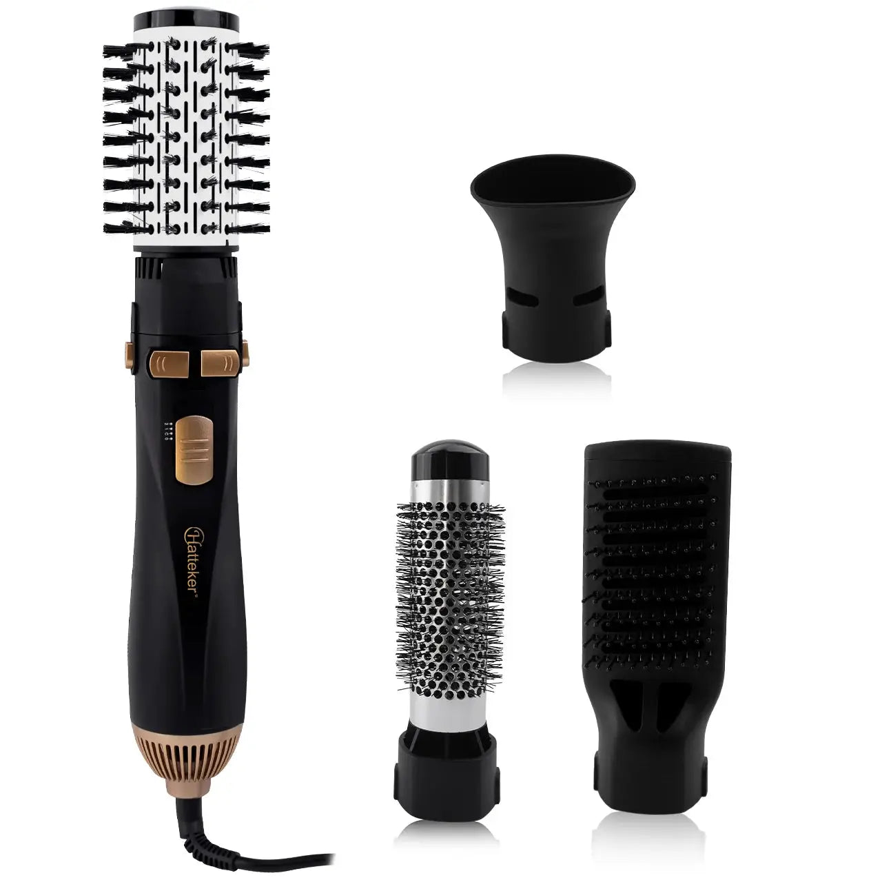 Hatteker EU 4-head hot air brush 5-piece set with 4 attachments; black with gold accents