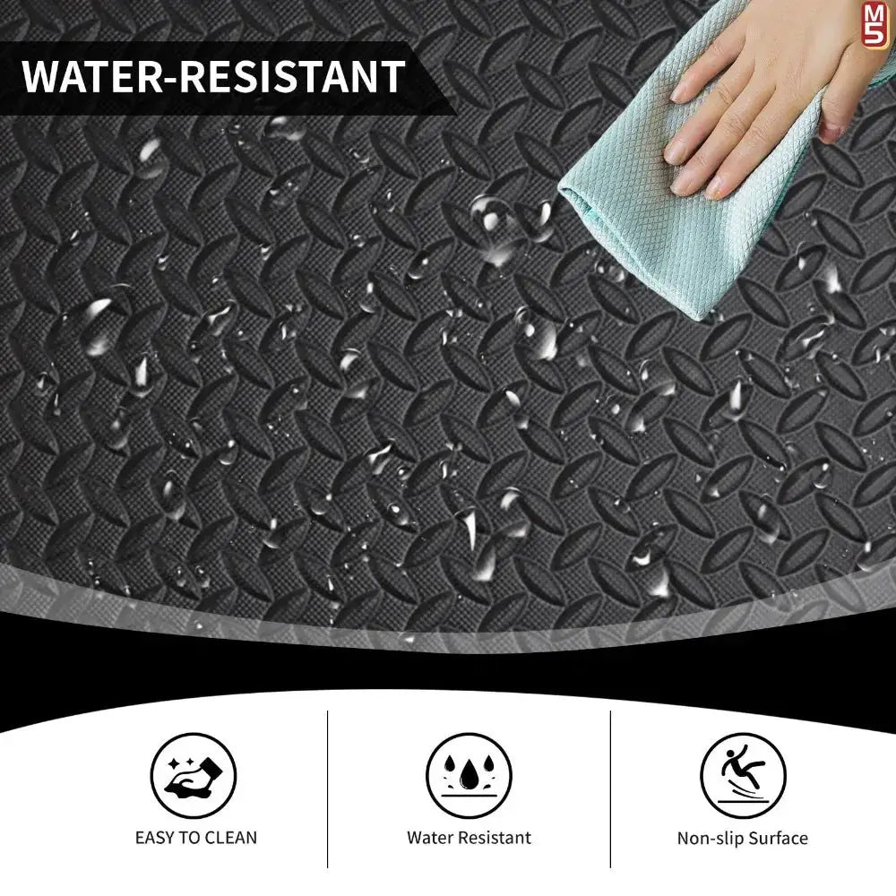 Simples Market EVA foam puzzle exercise mat; interlocking black gym floor tiles with water-resistant, non-slip surface.