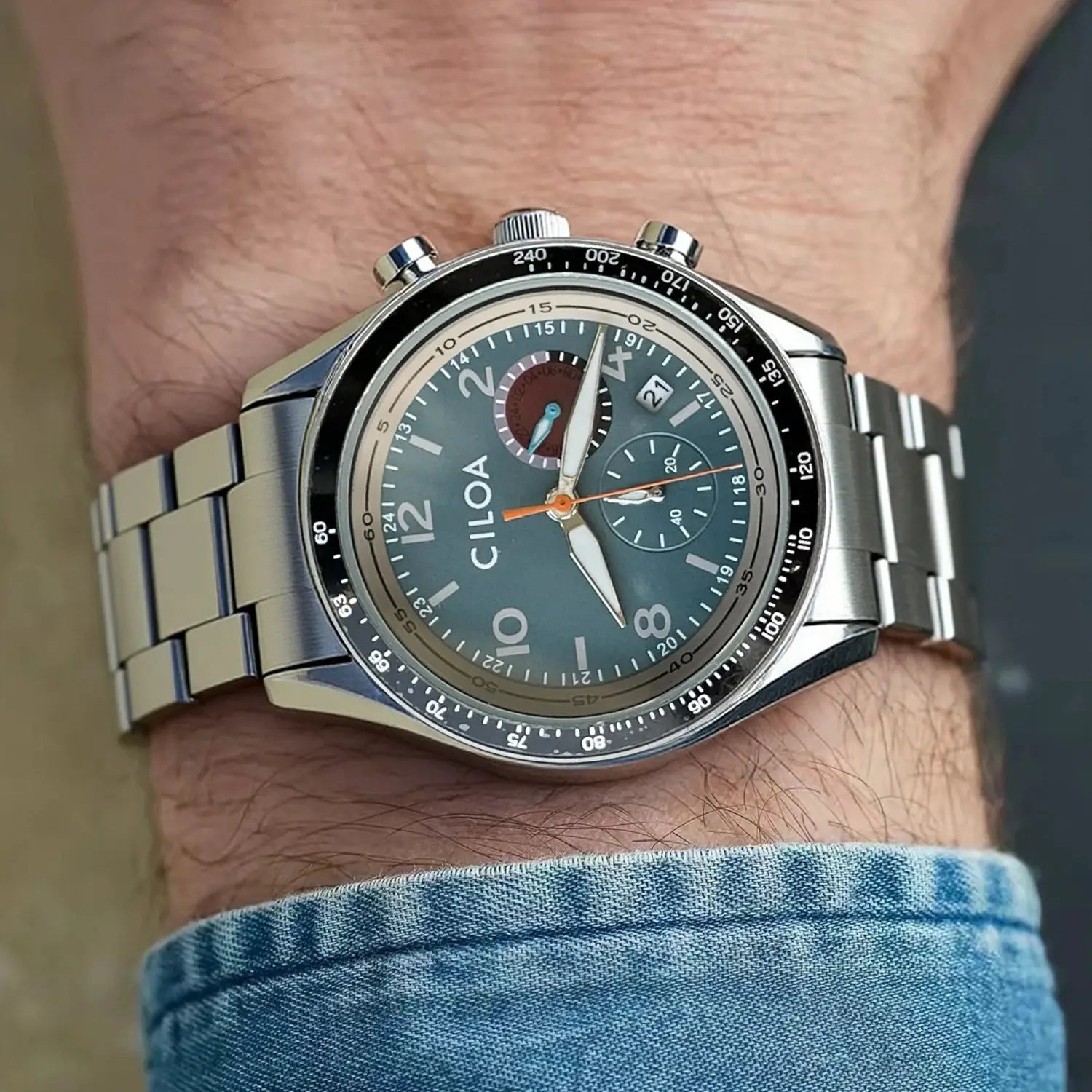 CILOA men's stainless steel quartz watch by Simples Market; blue dial, chronograph subdials, date, waterproof.