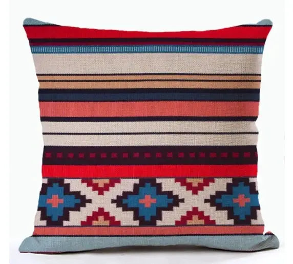 Linen cushion cover with bohemian multicolor geometric print for decorative living room pillow