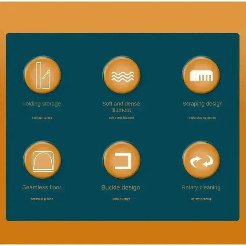 Simples Market broom set displayed on a teal panel with six orange feature icons.