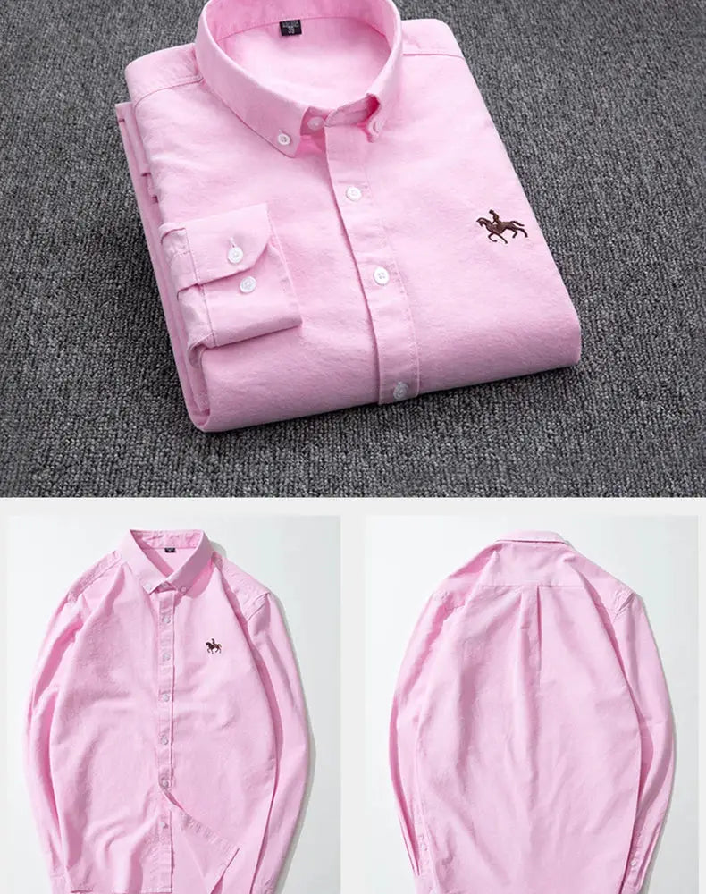 Pink men's pure cotton Oxford shirt with horse embroidery, long sleeves, regular fit, Simples Market.