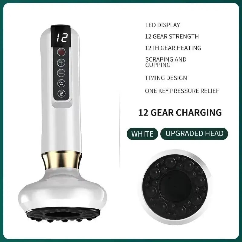 White electric massager with gold collar and vacuum suction cup head; digital control panel