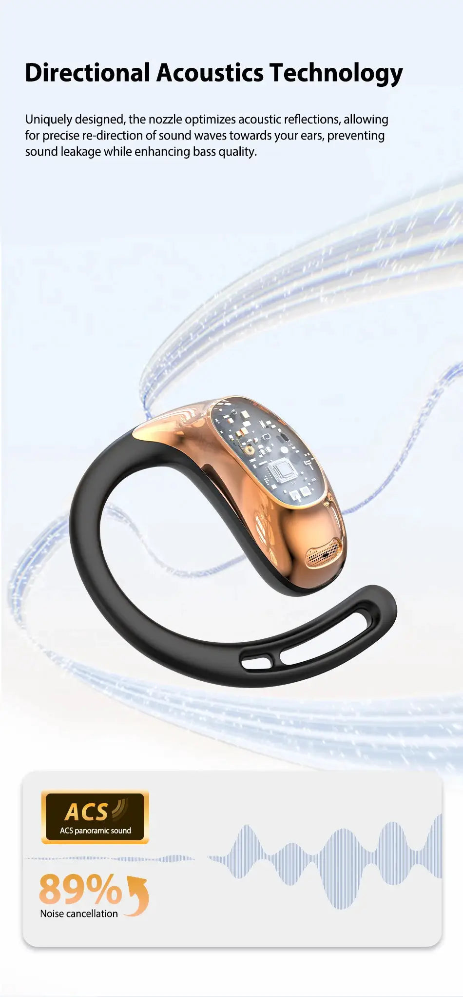 HTC NE35 Bluetooth earphones with copper-toned body and black neckband; noise cancellation badge visible.