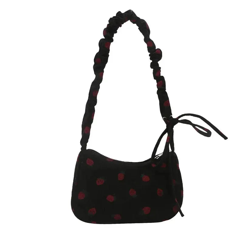 Simples Market black corduroy strawberry-print mini shoulder bag with a ruched strap