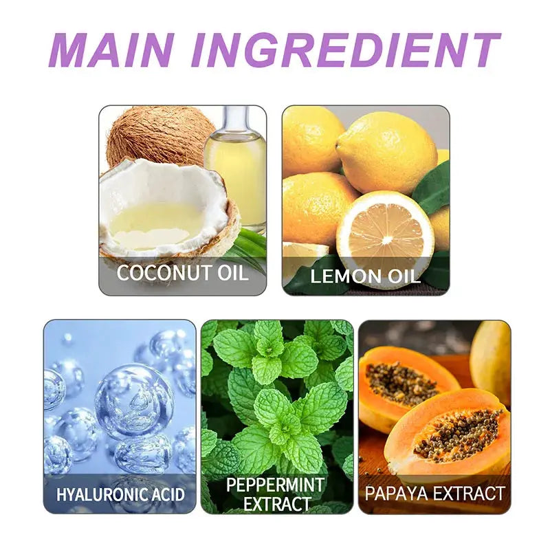 Teeth whitening strips with 5 ingredients: coconut oil, lemon oil, hyaluronic acid, peppermint extract, papaya extract.
