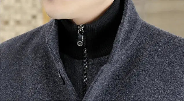 Men's long wool coat by Simples Market with stand collar, charcoal gray, front zipper, removable down liner
