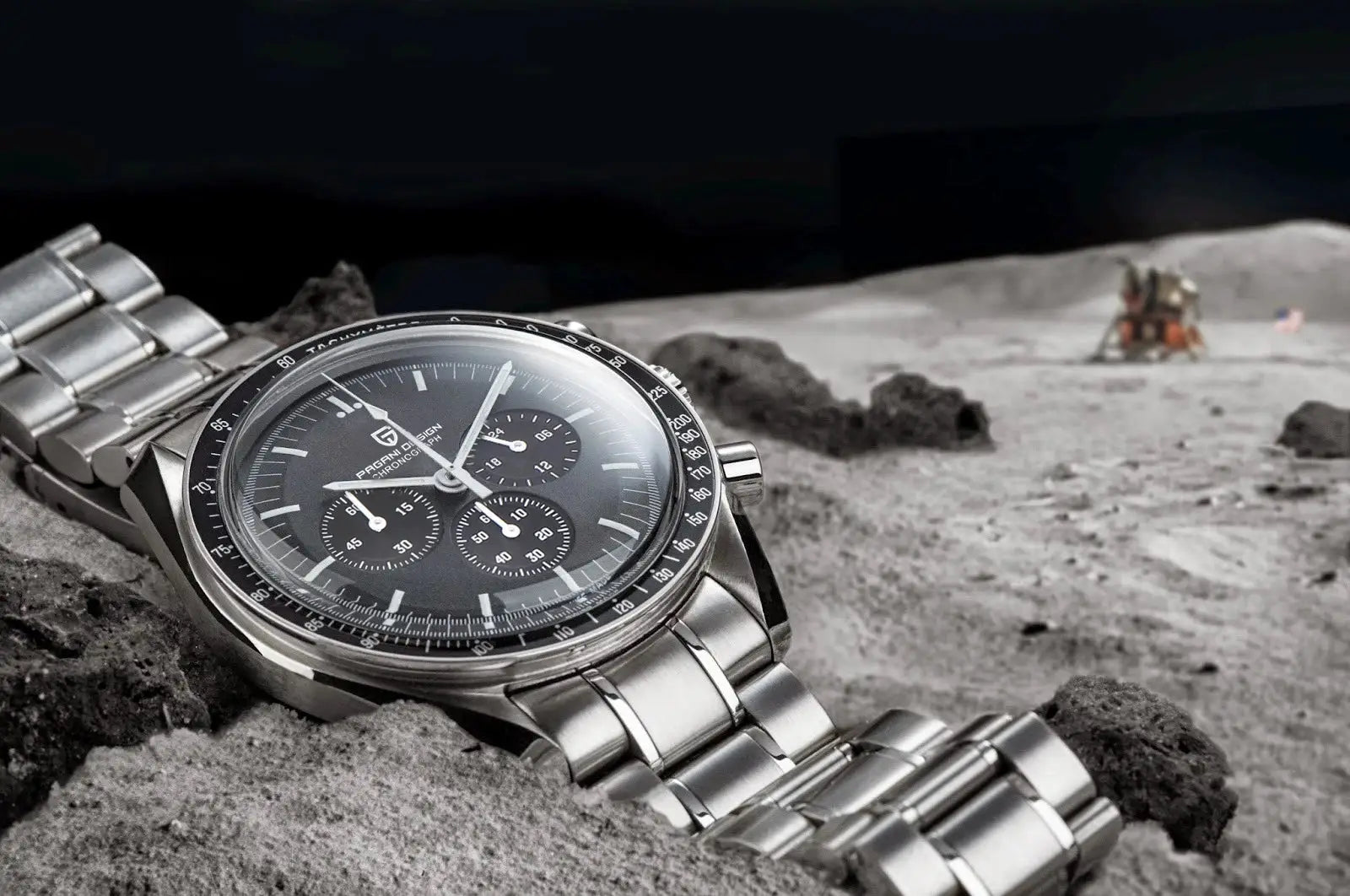 Pagani Design men's chronograph watch on stainless steel bracelet with black dial and tachymeter bezel