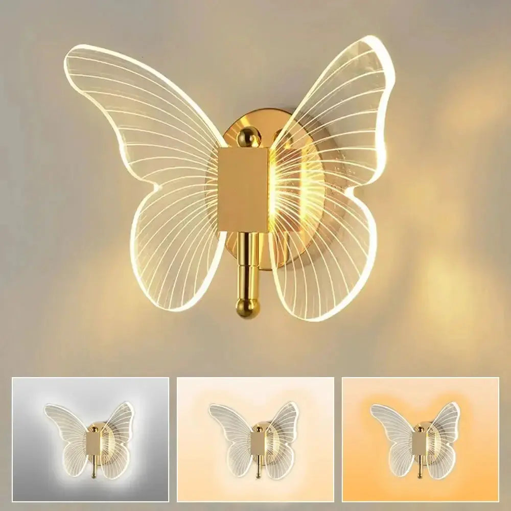 Butterfly LED Wall Lamp; modern gold metal with acrylic wings, wired tri-color bedside wall light.