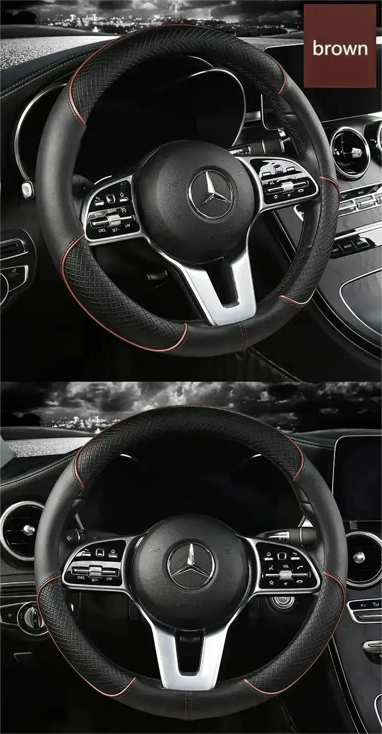 Car steering wheel cover microfiber leather, black with brown stitching, 38cm, non-slip