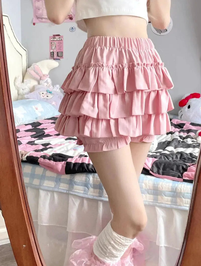 MEXZT Y2K Sweet Ruffles Mini Skirt, pink high-waist A-line with tiered ruffles