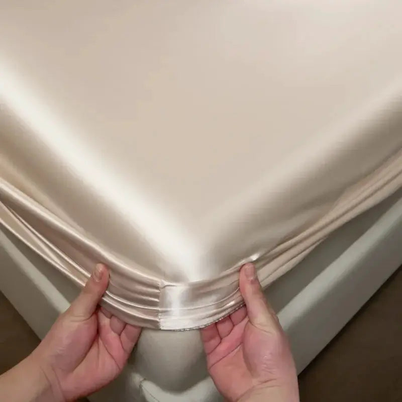 Mulberry silk fitted sheet in beige with a smooth satin finish