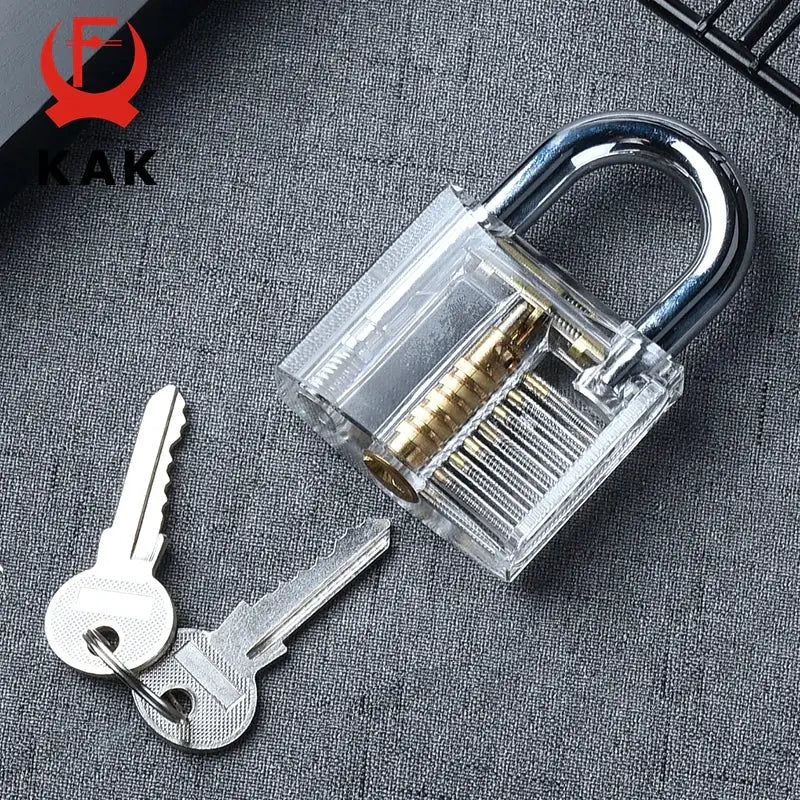 KAK transparent practice padlock with two keys, clear cutaway internals and metal shackle