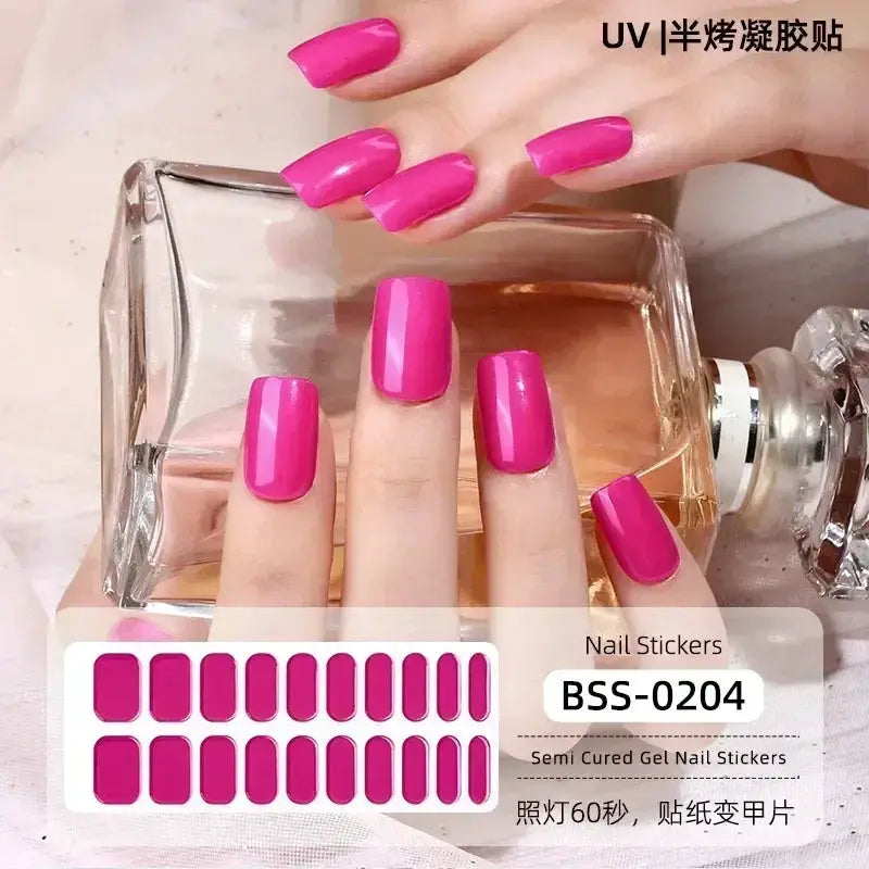 Gel nail sticker set in bright pink magenta for full-cover manicure; BSS-0204 semi-cured wraps for UV lamp