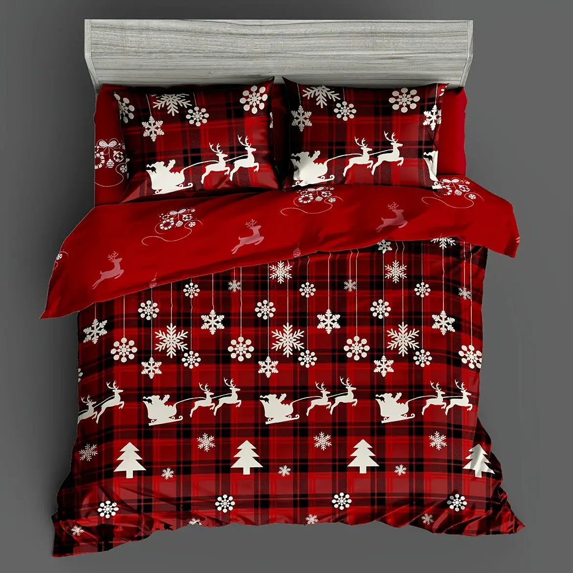 Simples Market 3-Piece Christmas Duvet Cover in red plaid with snowflakes and reindeer, duvet cover and two pillowcases