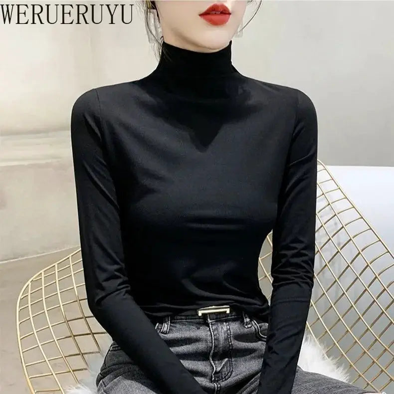 VogueWeave Black Turtleneck Long Sleeve Top for Women Y2K Modal Blend Soft Comfort Slim Fit for Autumn Winter