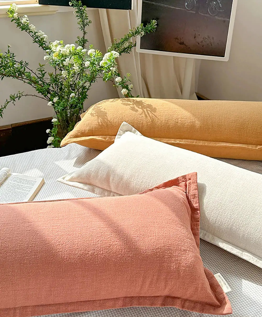 Decorative ramie cushion covers; 4 pillow covers in peach, ivory and cream for sofa or bed.