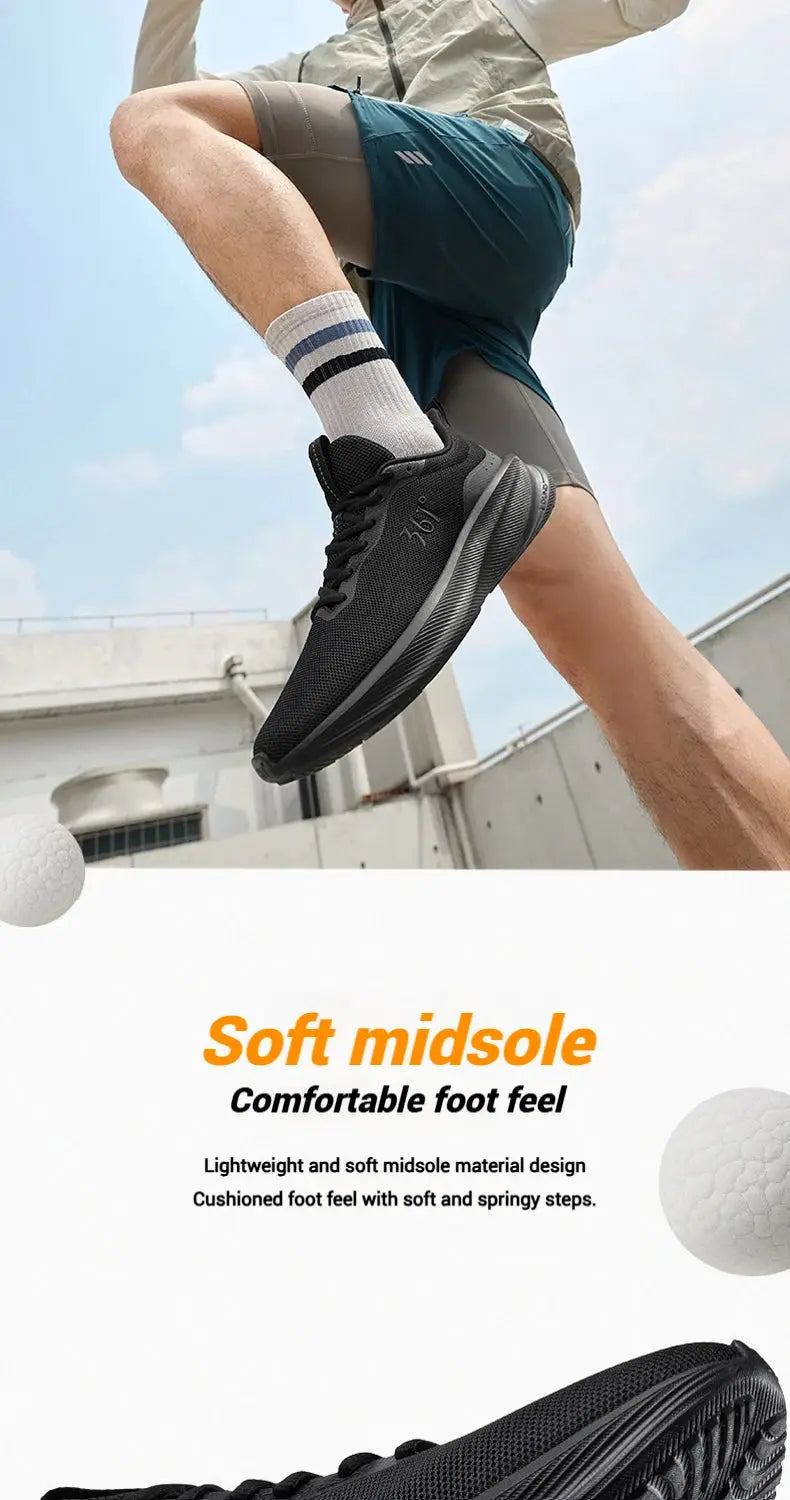 361° Fengye 5.0 black running shoes with breathable mesh upper and cushioned midsole