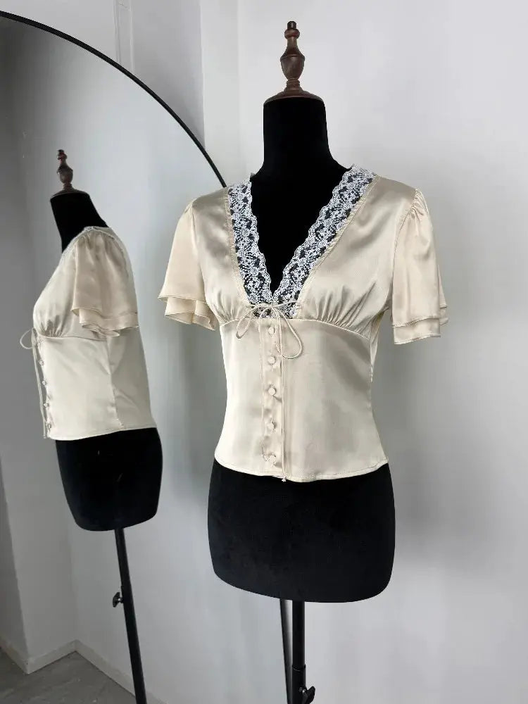 Lace Up Hollow Out Cropped V Neck T Shirt For Women Lightweight Polyester Summer Top