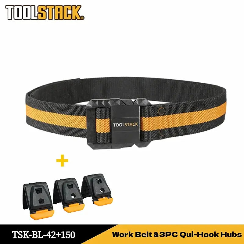 TOOLSTACK black work belt with yellow stripe, quick-release steel buckle, and 3 orange-tipped clip hooks