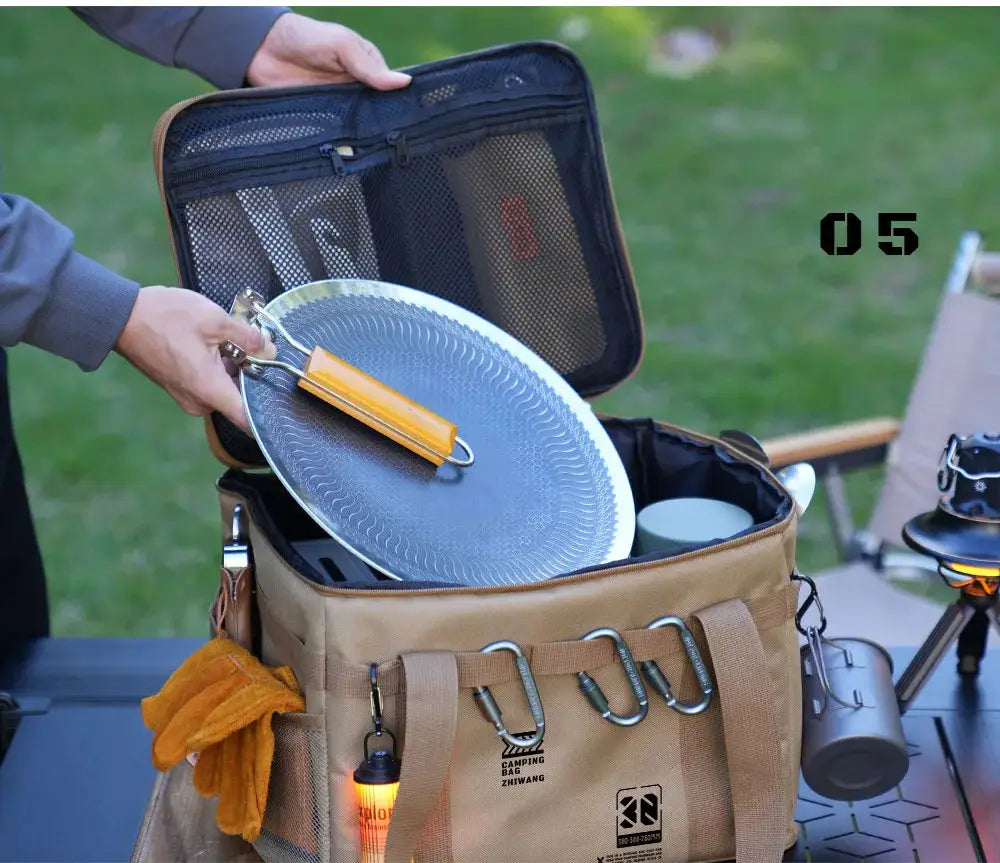 Insulated tactical camping bag by Simples Market in tan, waterproof with 30L/42L/56L capacity and external gear hooks.