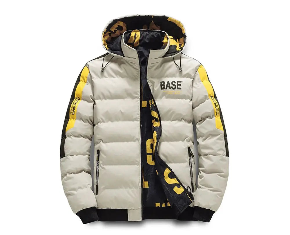 DIMUSI padded winter jacket, beige with black-yellow accents; hooded, BASE logo, two zip pockets, ribbed cuffs