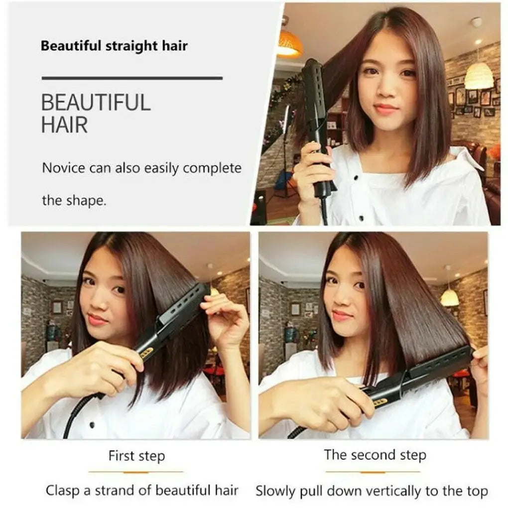 Simples Market hair straightener with four-gear temp, ceramic tourmaline ionic flat iron in black with gold accents.