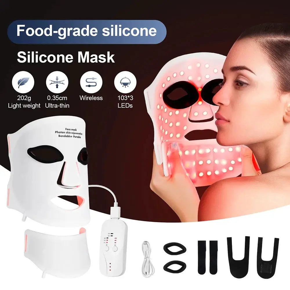Silicone LED Mask With Neck 7 Color Photon Therapy Anti Aging Brighten