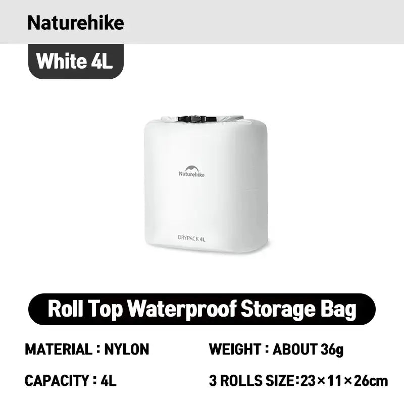 Naturehike roll-top 4L water-resistant nylon storage bag in white, lightweight travel organizer