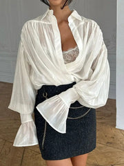Tossy Casual See Through Blouse Patchwork Long Sleeve Lapel Collar Women Autumn Streetwear Top