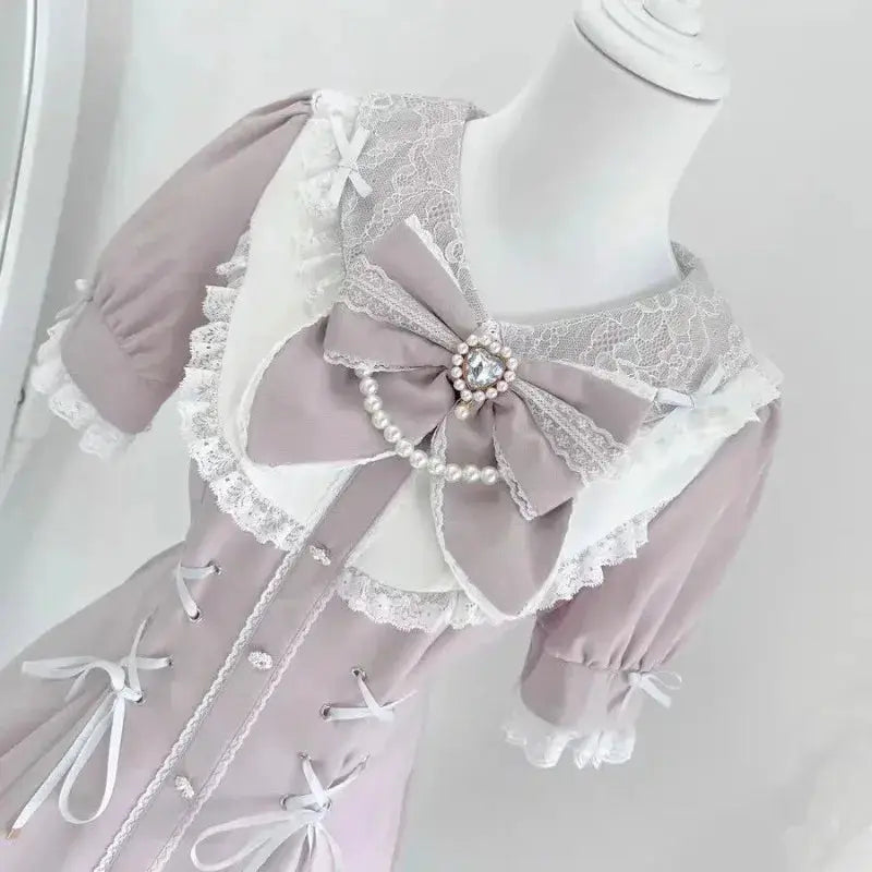 Y2K Lolita Bow Dress Shorts Set Gothic Lace Flare Sleeve Shirt Dress