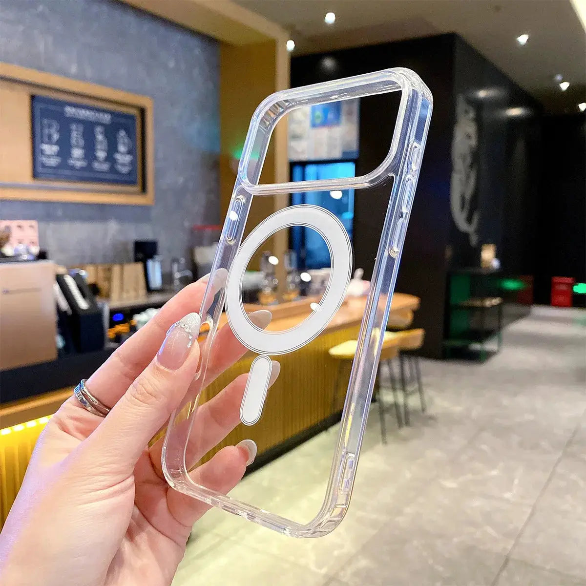 Transparent MagSafe iPhone case with white ring design, shockproof cover for iPhone 11–17 series